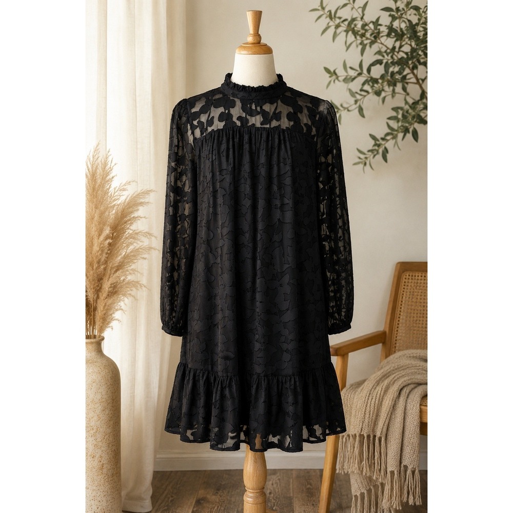 Tommy Hilfiger Womens Black Burnout Floral Ruffle Hem Mini Shift Dress Size 16